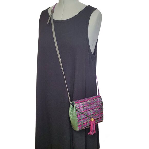 Sharif multi-color leather bag with woven detailing & front tassel, made in USA - Picture 2 of 12